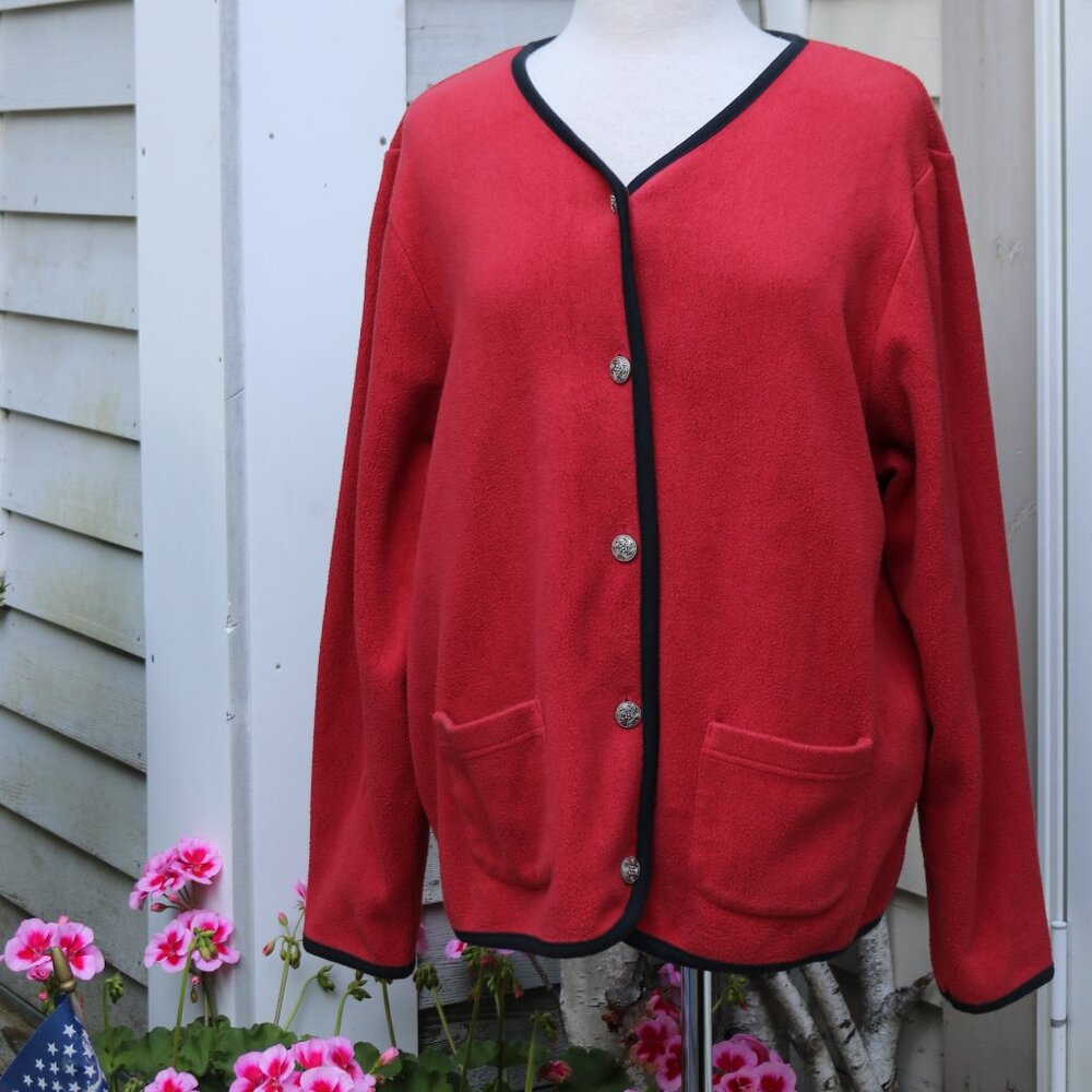 LL Bean Deep Coral Fleece w Black Piping Etched Metal Buttons Jacket Sz XL